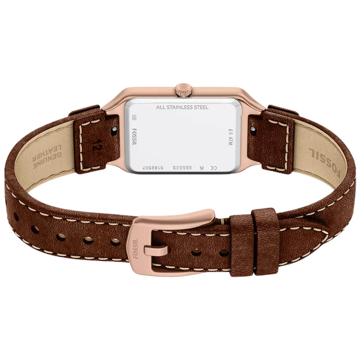 Fossil Raquel ES5503 watch back perspective displaying engraved caseback specifications, brown leather strap with contrast stitching, and branded rose gold-tone buckle