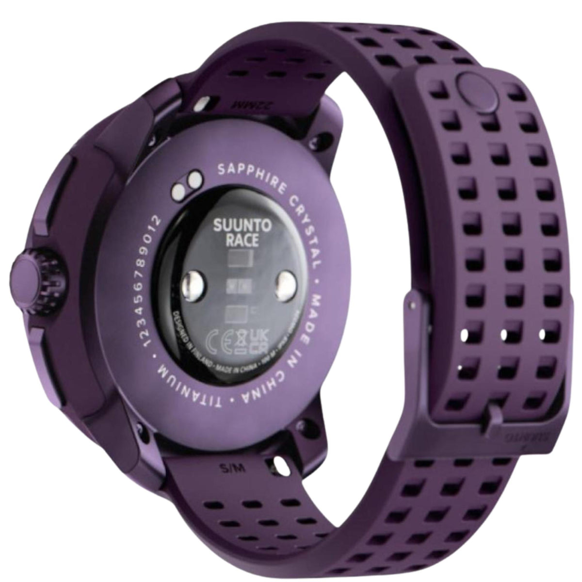 Suunto Race SS050933000 back case view displaying heart rate sensors and engraved product specifications