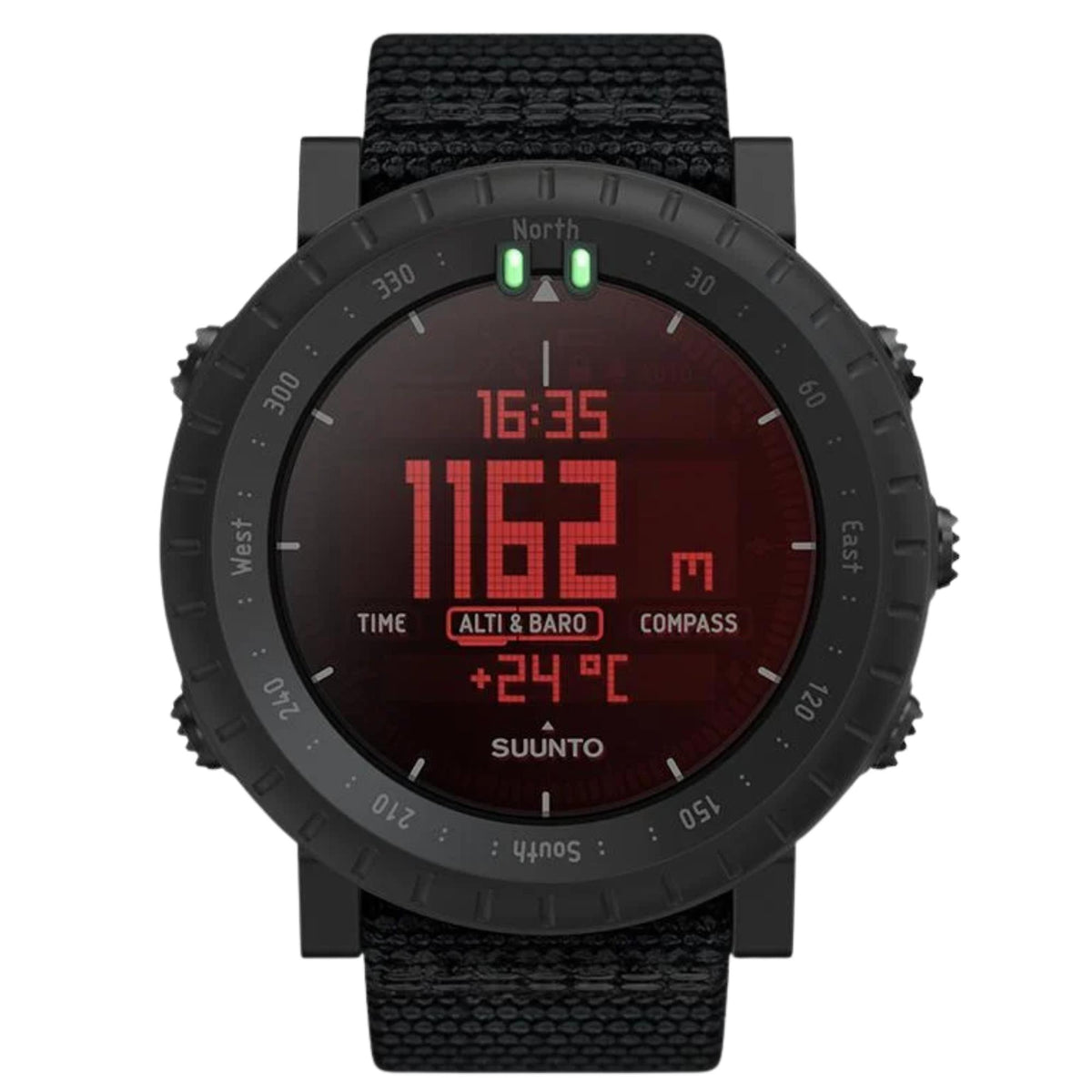 Suunto Core Alpha SS050504000 front view displaying red illuminated digital dial with alti and baro readouts and black stealth textile strap