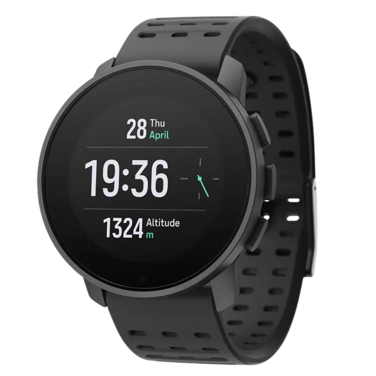 Suunto 9 Peak Pro SS050807000 angled view showing time and altitude data on dark round dial