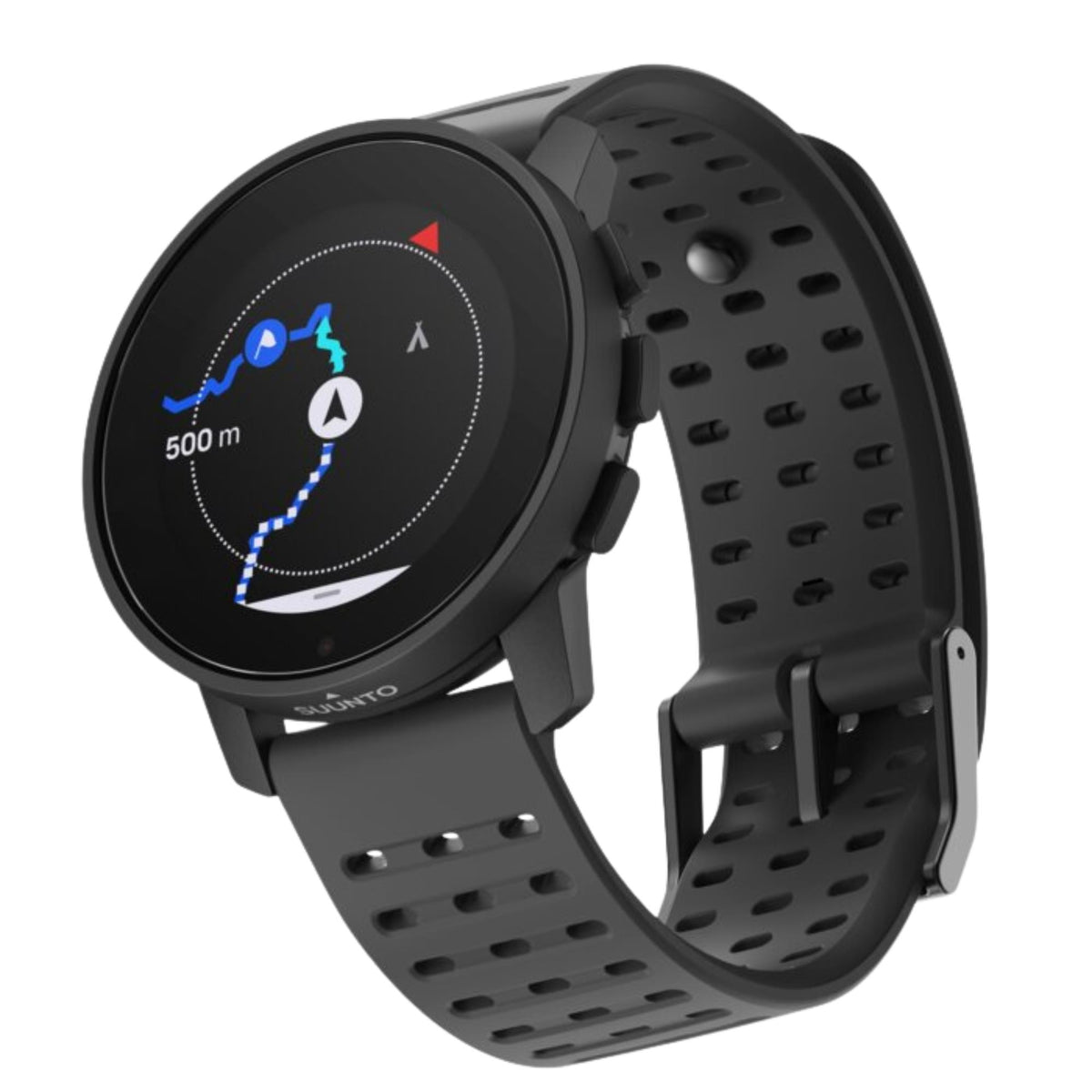 Suunto 9 Peak Pro SS050807000 three-quarter view displaying GPS navigation map on digital screen with buckle clasp