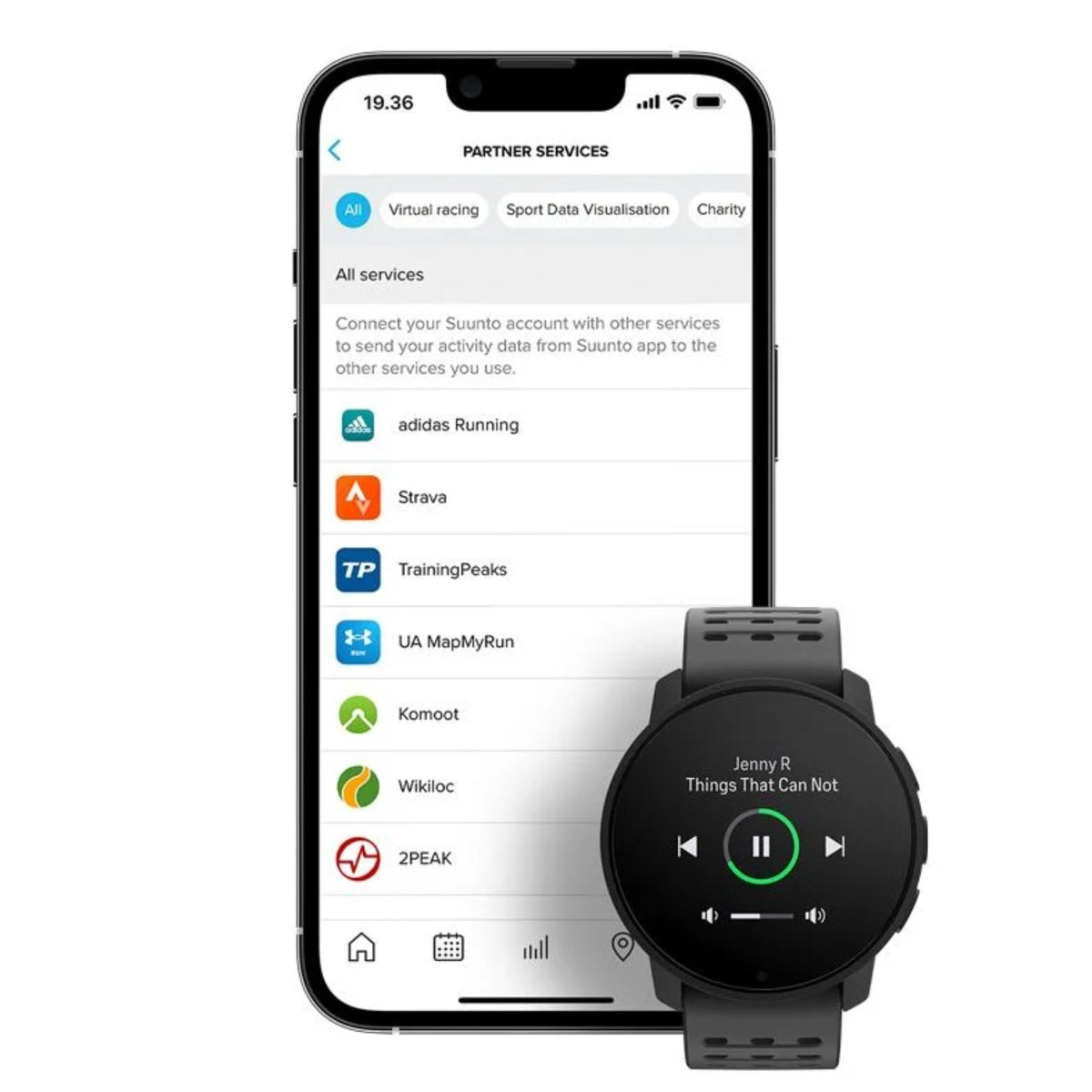 Suunto 9 Peak Pro SS050807000 music control display interface shown beside smartphone app integration view
