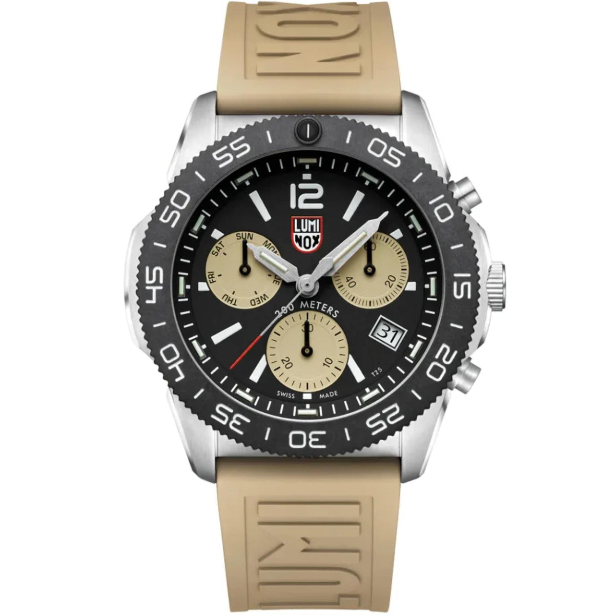 Luminox Pacific Diver 3140 Series XS.3150 mens chronograph watch front view featuring a black dial and sand rubber strap
