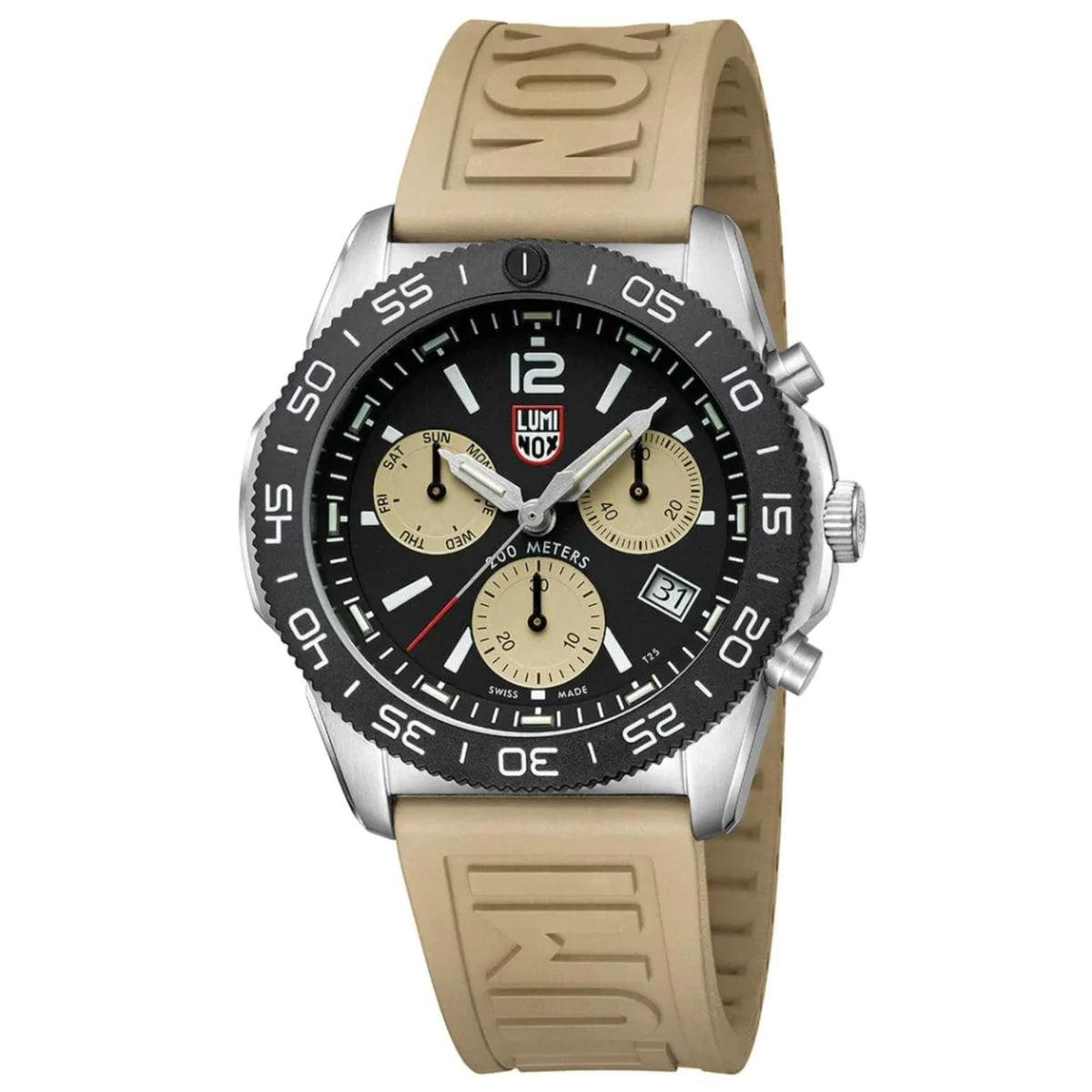 Luminox Pacific Diver 3140 Series XS.3150 44mm watch three-quarter view with sand sub-dials and sand rubber strap