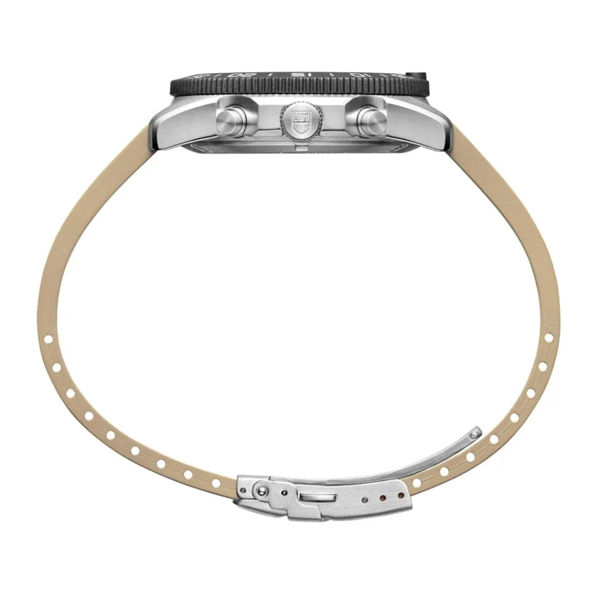 Luminox Pacific Diver 3140 Series XS.3150 profile view showing slim case construction and sand rubber strap clasp