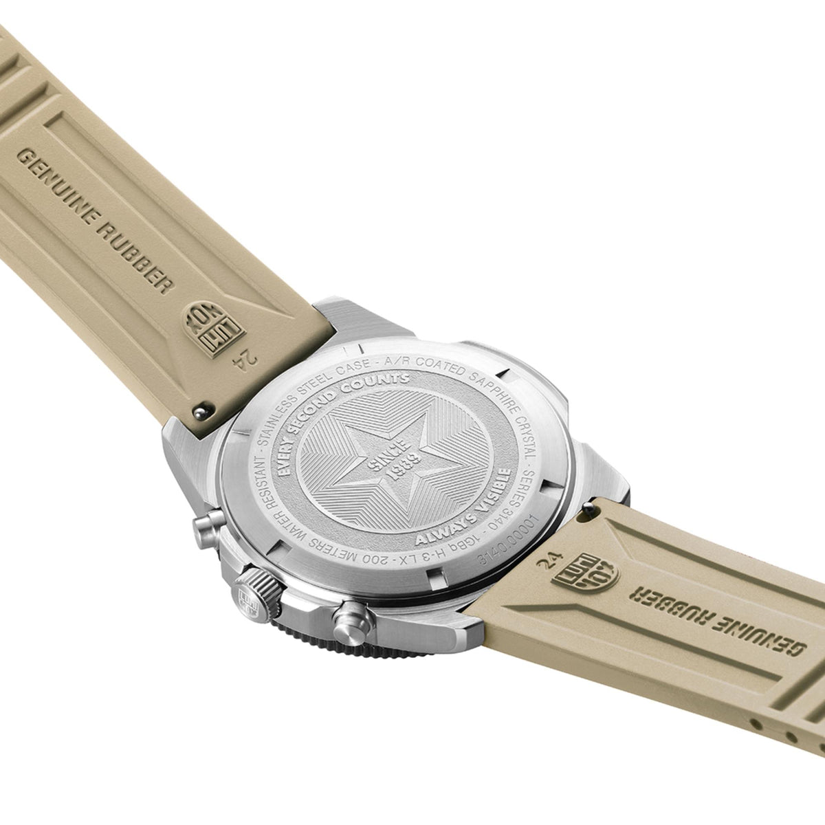 Luminox Pacific Diver 3140 Series XS.3150 view of engraved stainless steel case back with sand rubber strap