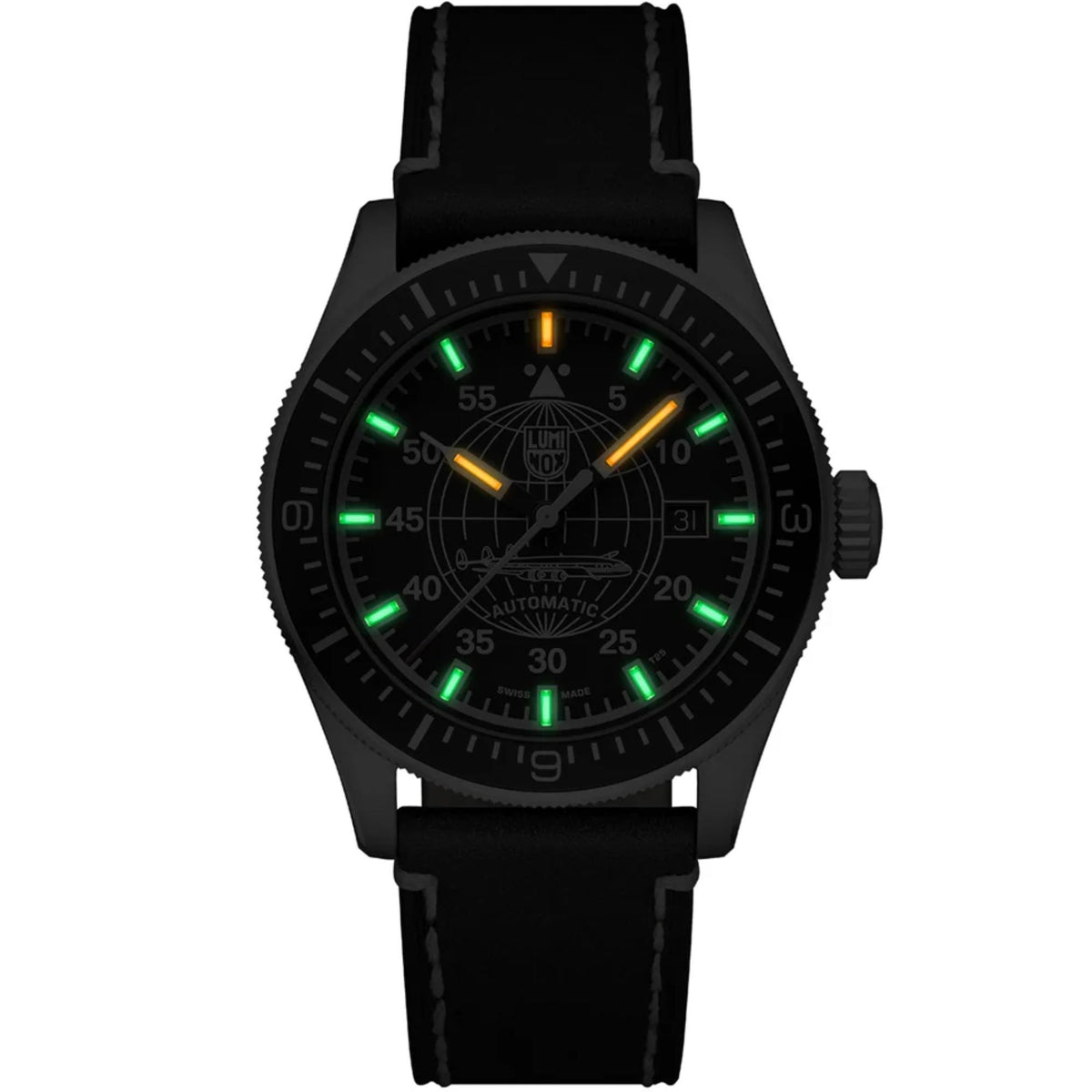 Luminox Constellation 9600 Series XA.9601 mens watch in low light showing green and orange illuminated gas tubes on black dial