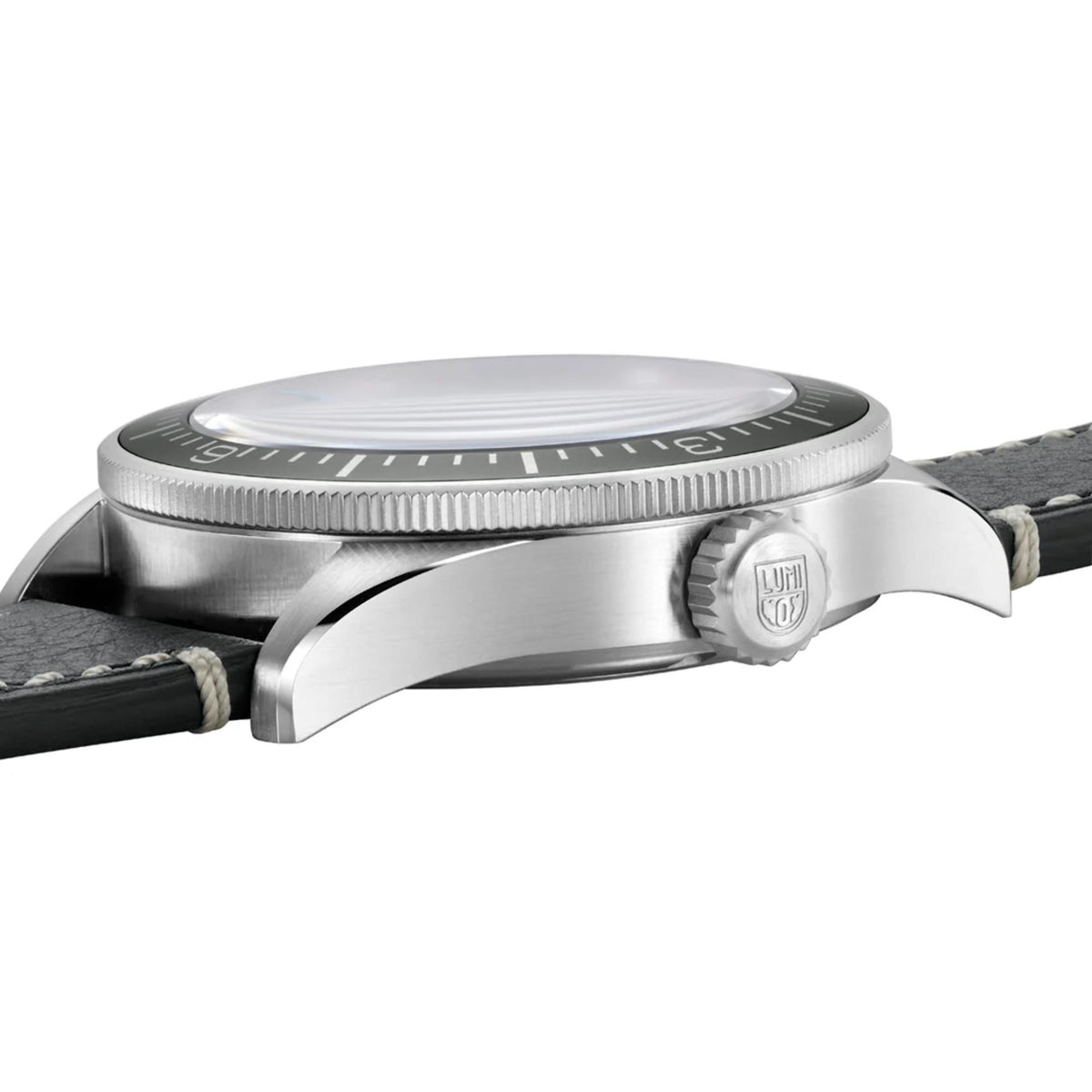 Luminox Constellation 9600 Series XA.9601 side profile view of stainless steel case, textured crown, and sapphire crystal