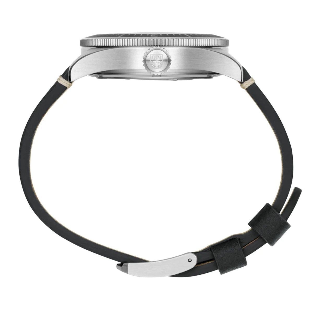 Luminox Constellation 9600 Series XA.9601 side profile showing slim case shape, crown, and black leather strap loop