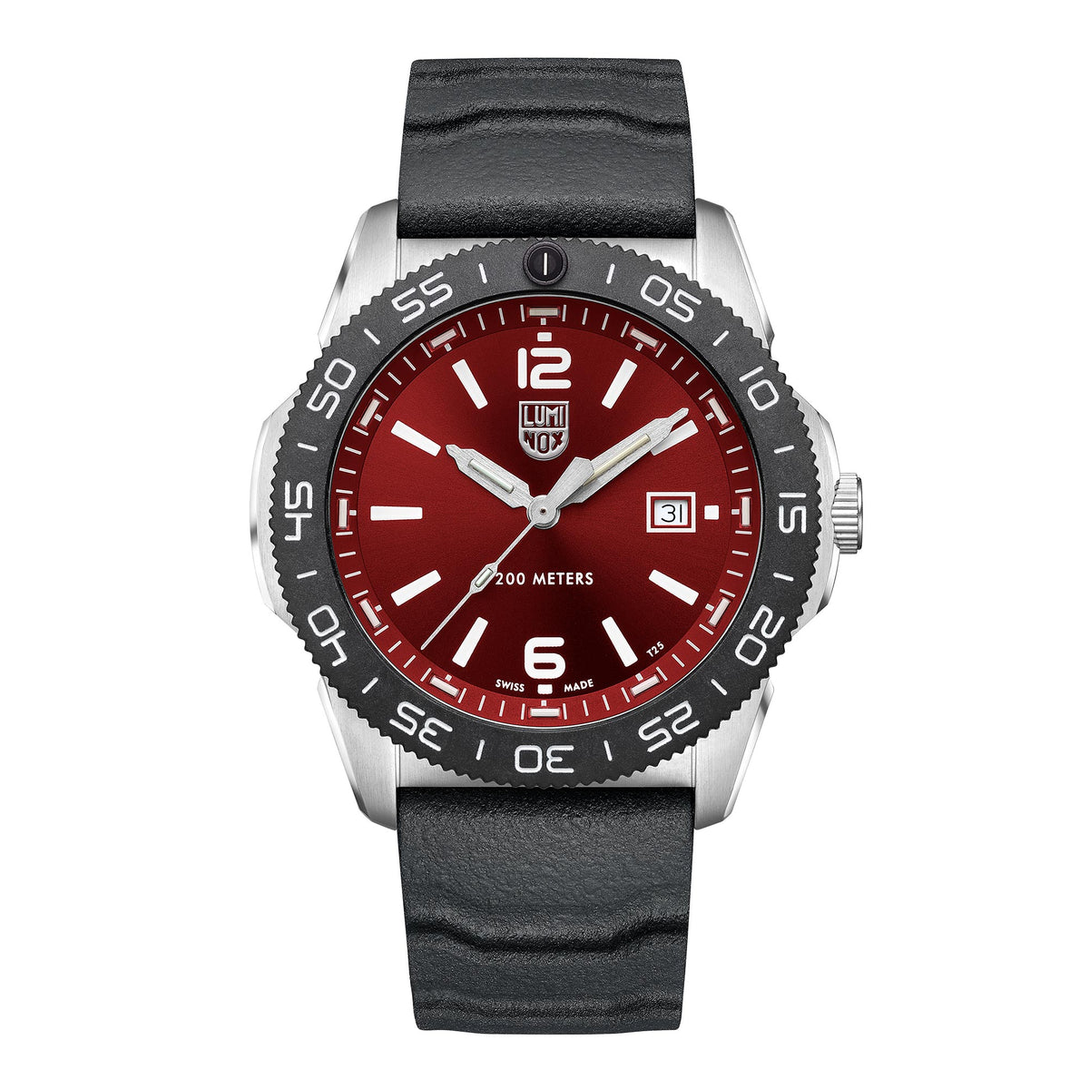 Luminox Pacific Diver 3120 Series XS.3135 mens quartz watch front view featuring a red dial and black rubber strap