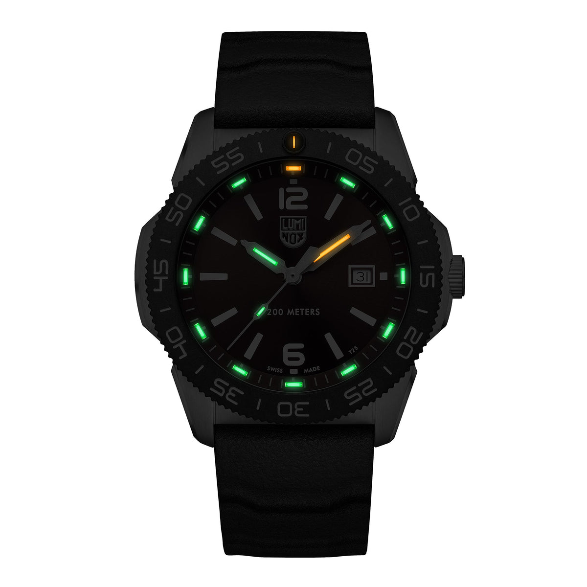 Luminox Pacific Diver 3120 Series XS.3135 mens watch in low light showing green and orange illuminated gas tubes on red dial