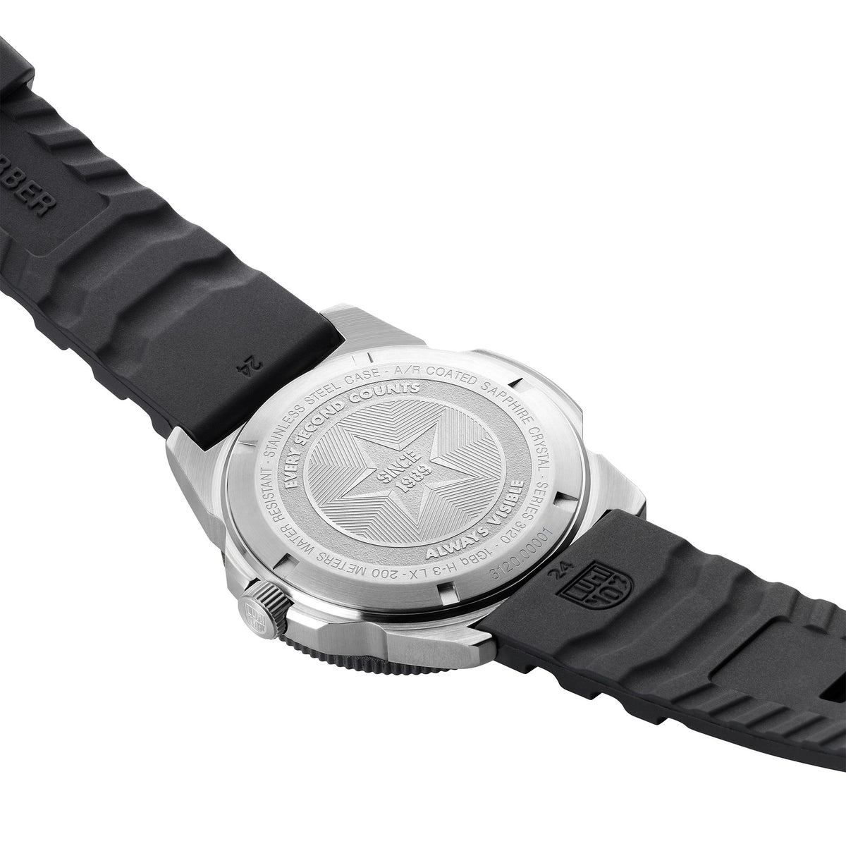 Luminox Pacific Diver 3120 Series XS.3135 rear view showing engraved stainless steel case back and black rubber strap