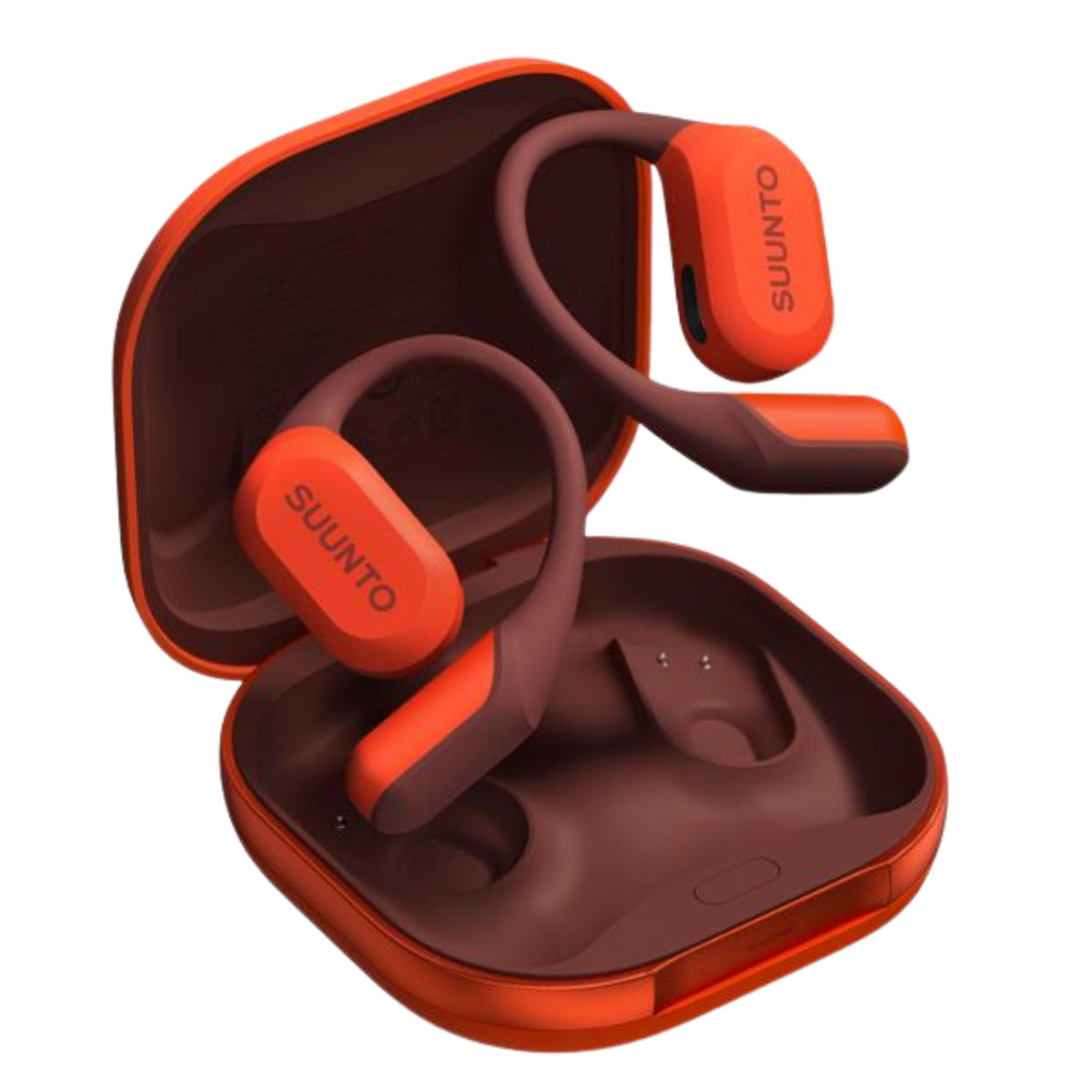 Suunto Spark Open-Ear SS051357000 angled perspective showing coral orange earbuds resting above open charging case