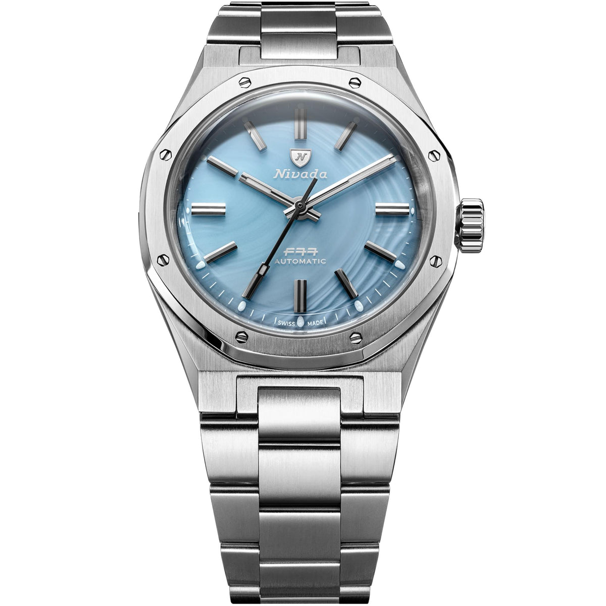 Nivada Grenchen F77 MK2 68061A77 front view showing ice agate dial with steel case and bracelet