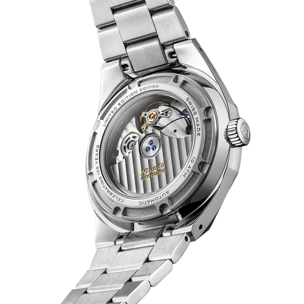 Nivada Grenchen F77 MK2 68061A77 back case showing exhibition case back with automatic movement details