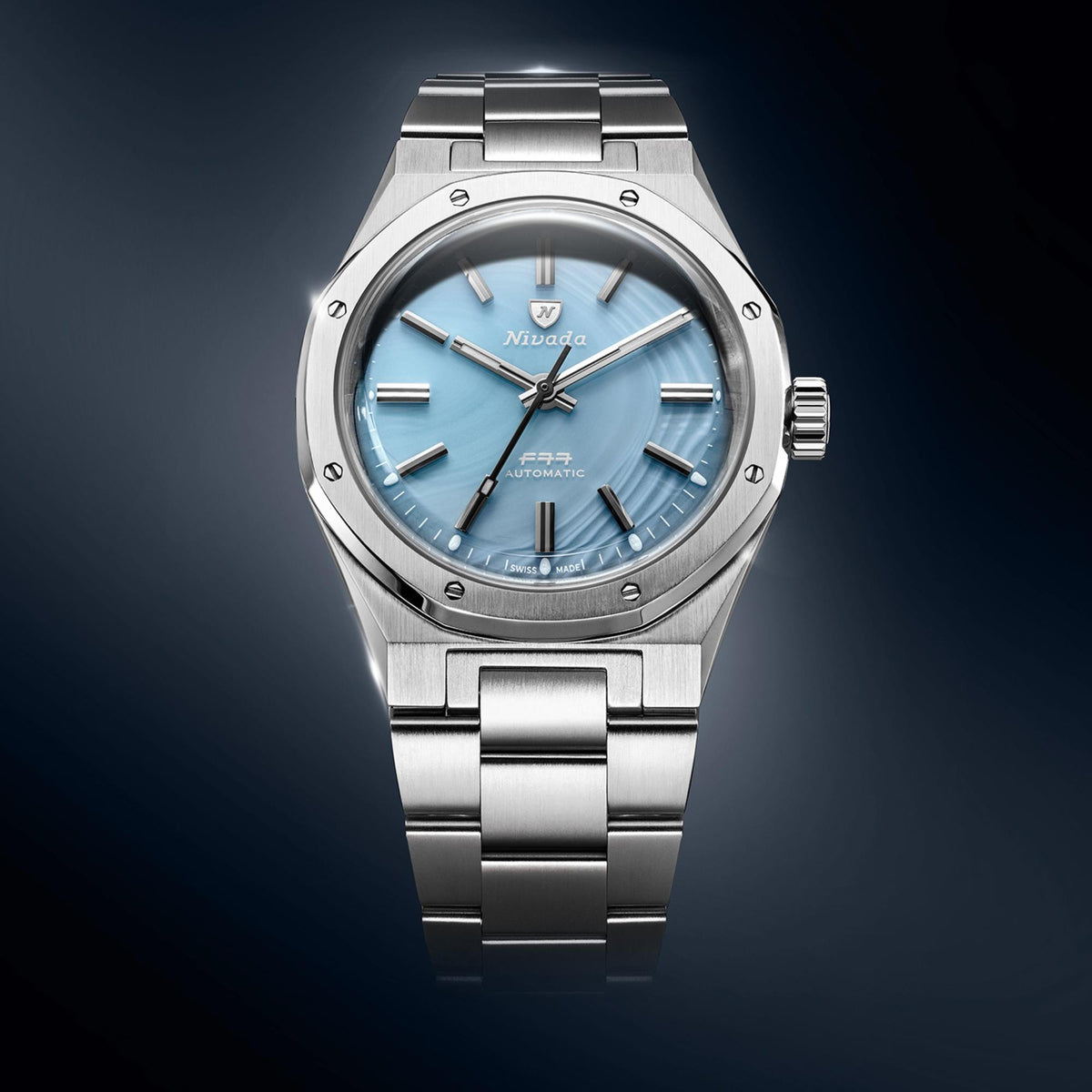Nivada Grenchen F77 MK2 68061A77 studio shot featuring ice agate dial display with steel case design