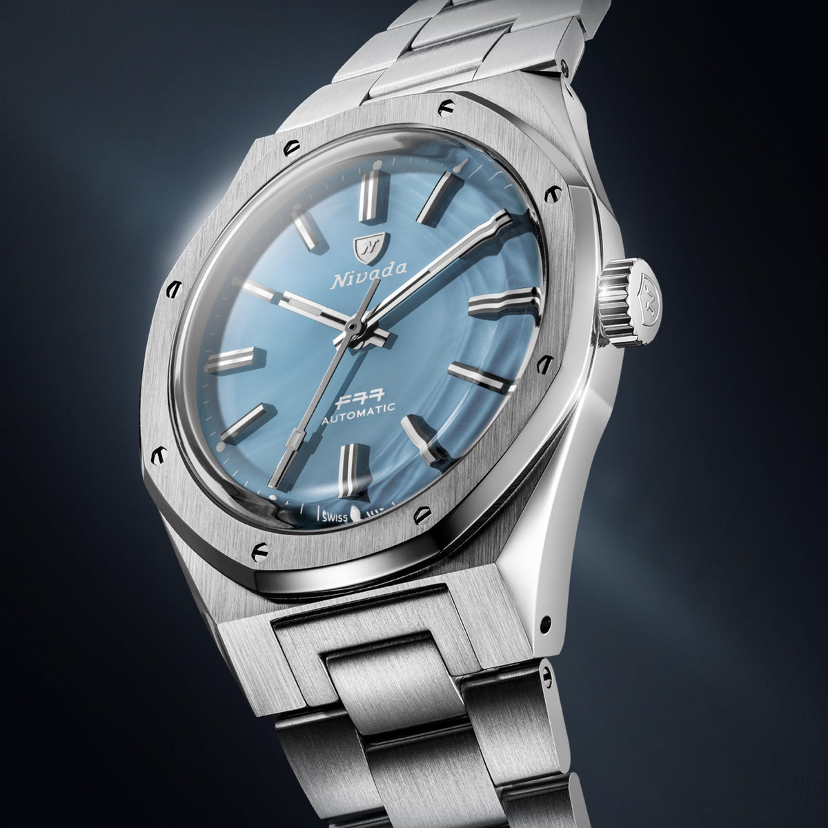 Nivada Grenchen F77 MK2 68061A77 angled close-up view highlighting ice agate dial with steel bezel profile