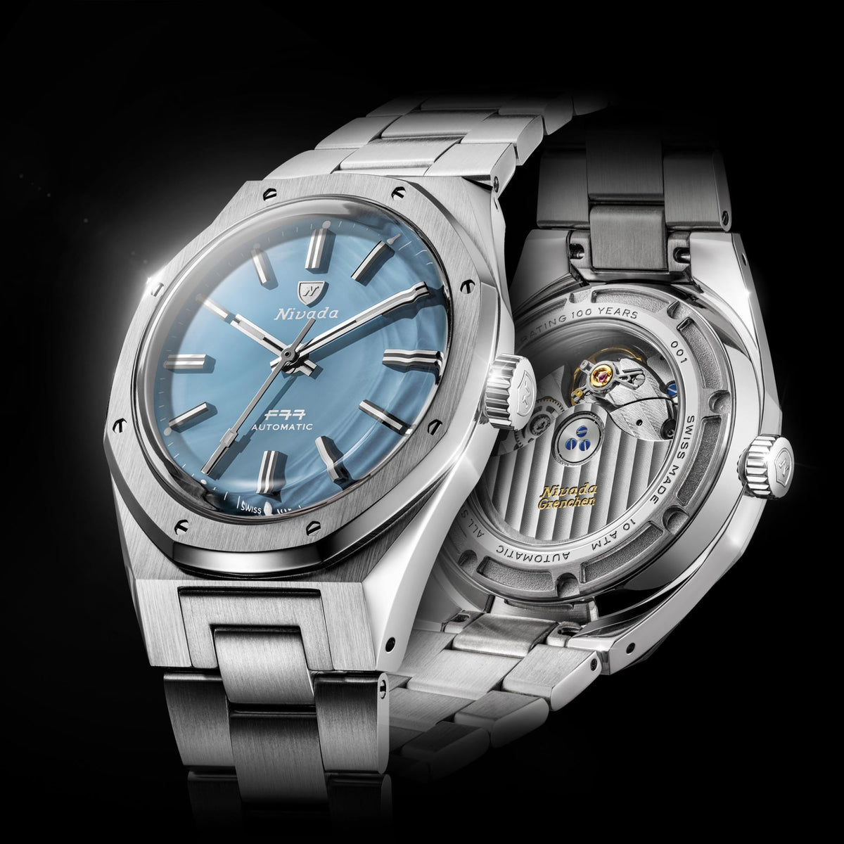 Nivada Grenchen F77 MK2 68061A77 dual view showcasing ice agate dial alongside open case back