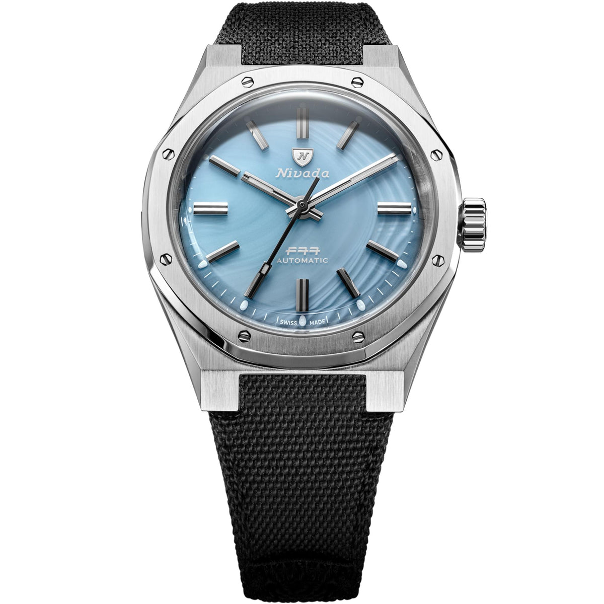 Nivada Grenchen F77 68061A77-BC full front view displaying ice agate dial and black canvas strap