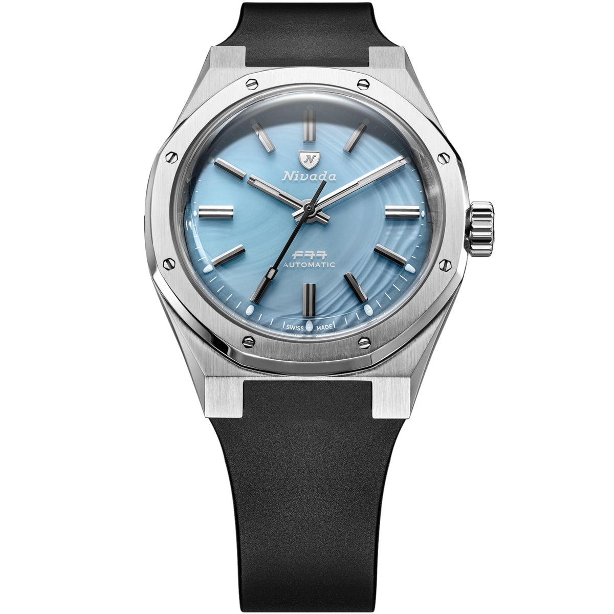 Nivada Grenchen F77 MKII 68061A77-DR front view displaying ice agate dial and black rubber strap