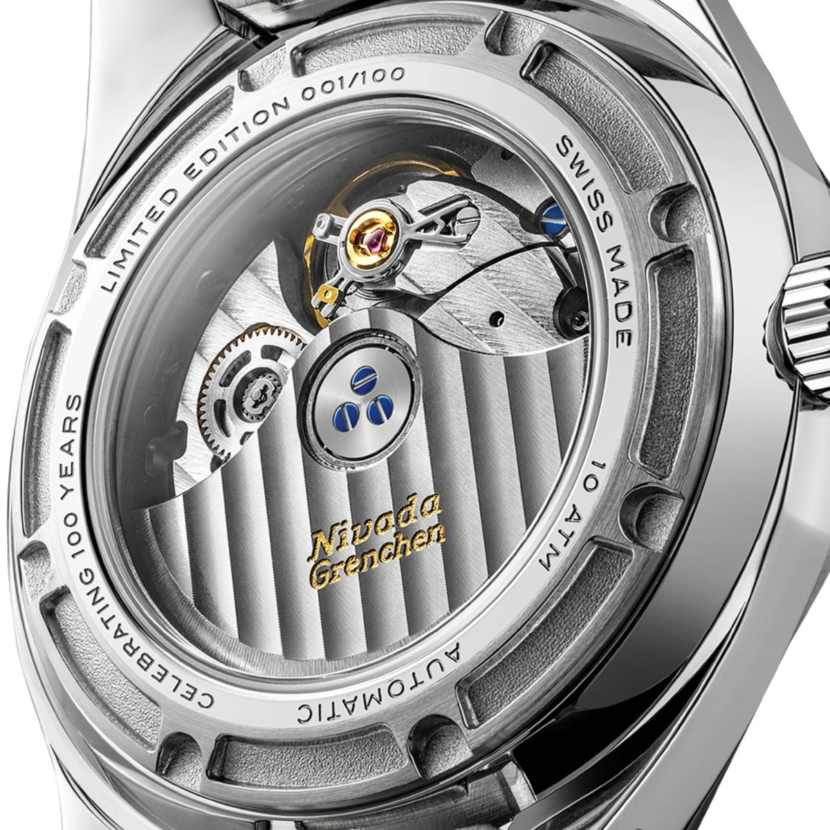 Nivada Grenchen F77 68061A77-DR exhibition case back showing automatic movement and anniversary engraving