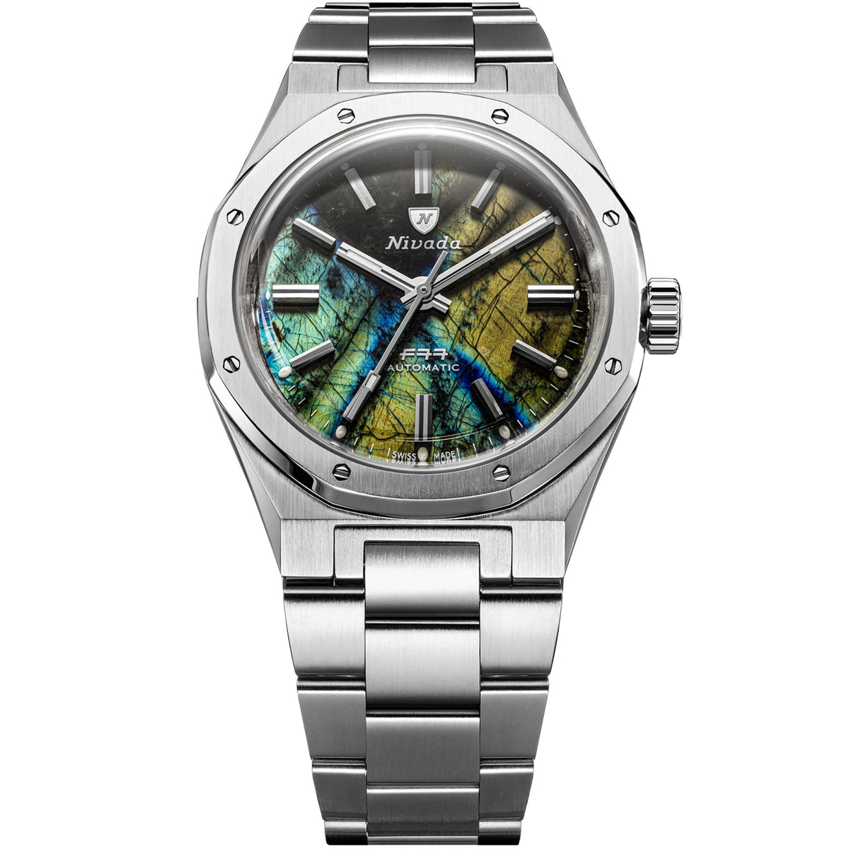 Nivada Grenchen F77 MKII 68054A77 front view showcasing labradorite dial and steel bracelet