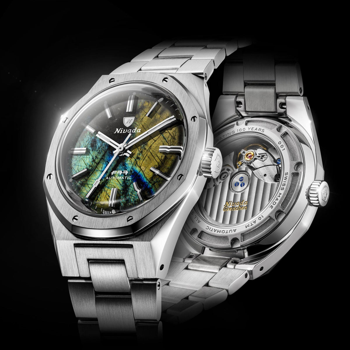 Nivada Grenchen F77 68054A77 dual view showcasing both front dial and exhibition back case