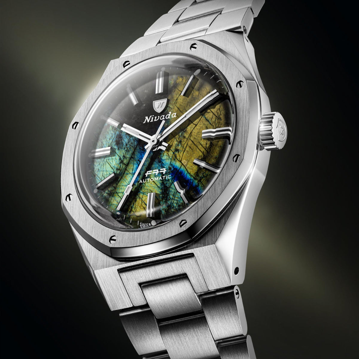Nivada Grenchen F77 68054A77 dynamic angled shot detailing octagonal bezel and natural labradorite dial texture