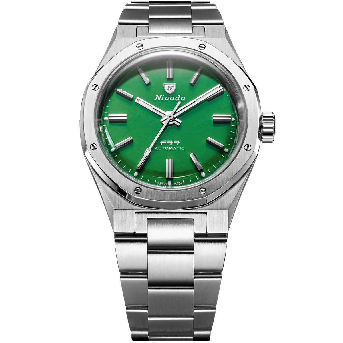 Nivada Grenchen F77 68055A77 front view of jade dial with stainless steel case and integrated bracelet