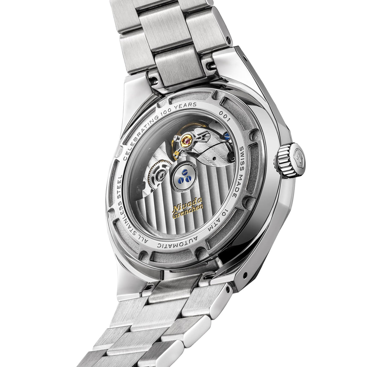 Nivada Grenchen F77 68055A77 transparent exhibition back case displaying automatic movement and rotor engraving