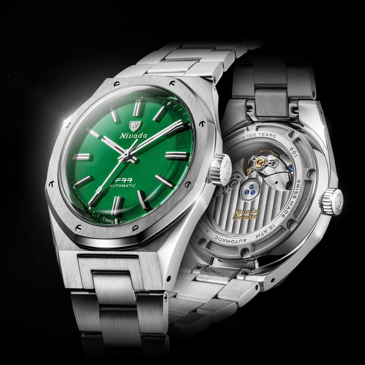 Nivada Grenchen F77 68055A77 dual dynamic presentation showing front jade dial and transparent back case