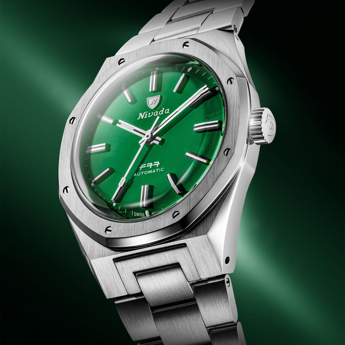 Nivada Grenchen F77 68055A77 close-up perspective showing steel bezel architecture and jade dial texture