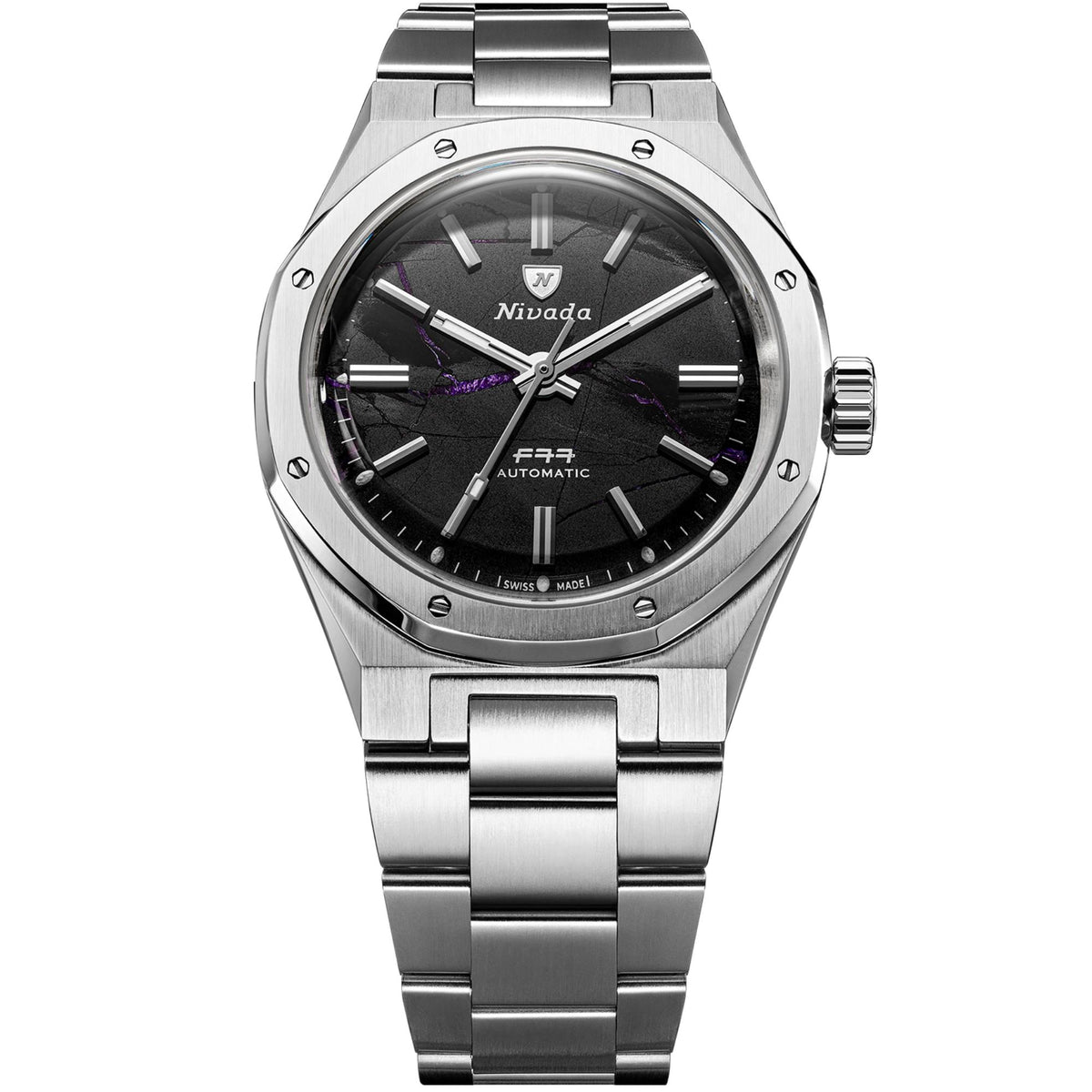Nivada Grenchen F77 68058A77 front view of shungite black dial with steel case and integrated bracelet