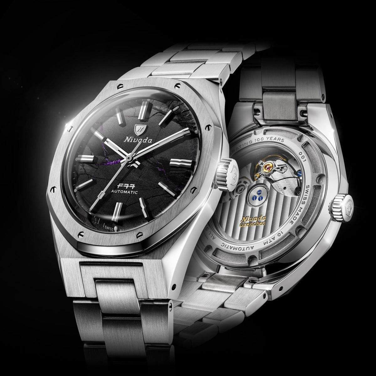 Nivada Grenchen F77 68058A77 dual view showcasing front shungite black dial face and open exhibition caseback