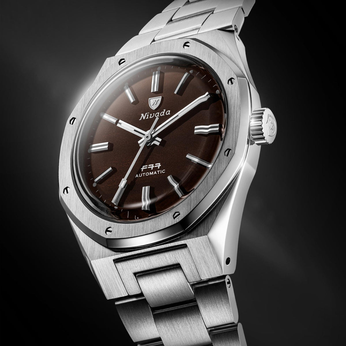 Nivada Grenchen F77 MK2 68060A77 close-up side angle showing octagonal bezel, smoky quartz dial, and winding crown