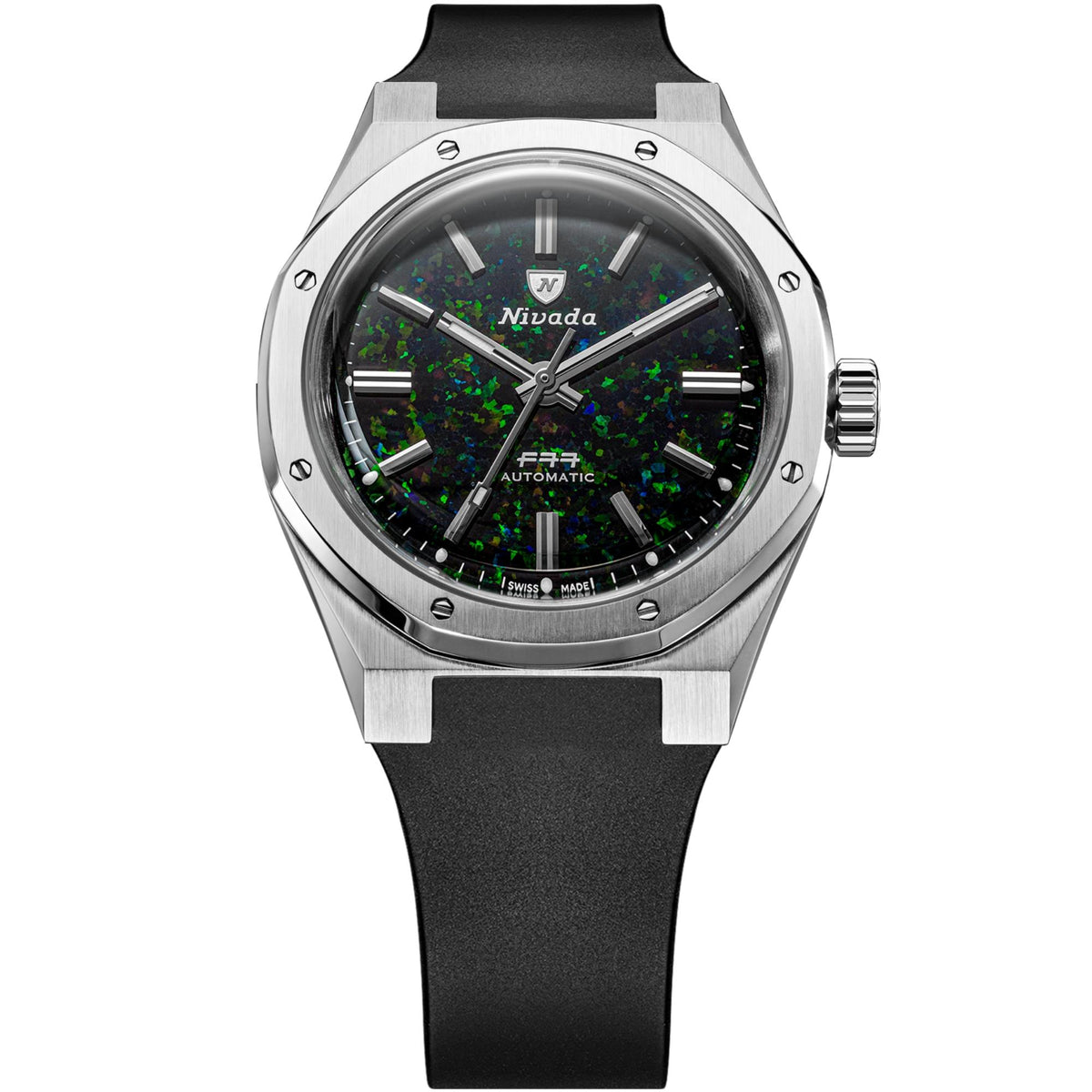 Nivada Grenchen F77 MK2 68062A77-DR front view showing black opal dial with steel case profile and rubber strap