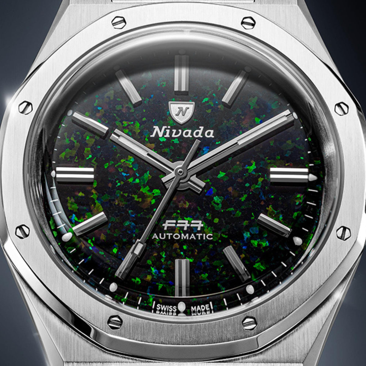 Nivada Grenchen F77 MK2 68062A77-DR close-up front view highlighting octagonal bezel and black opal dial