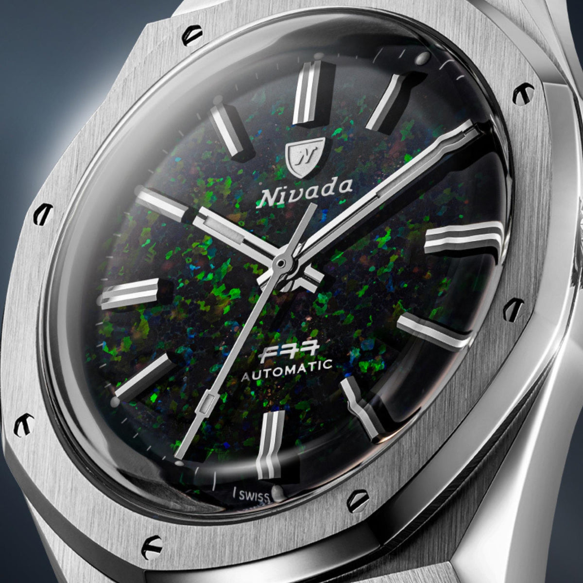 Nivada Grenchen F77 MK2 68062A77-DR front angle view showing steel case profile and black opal dial