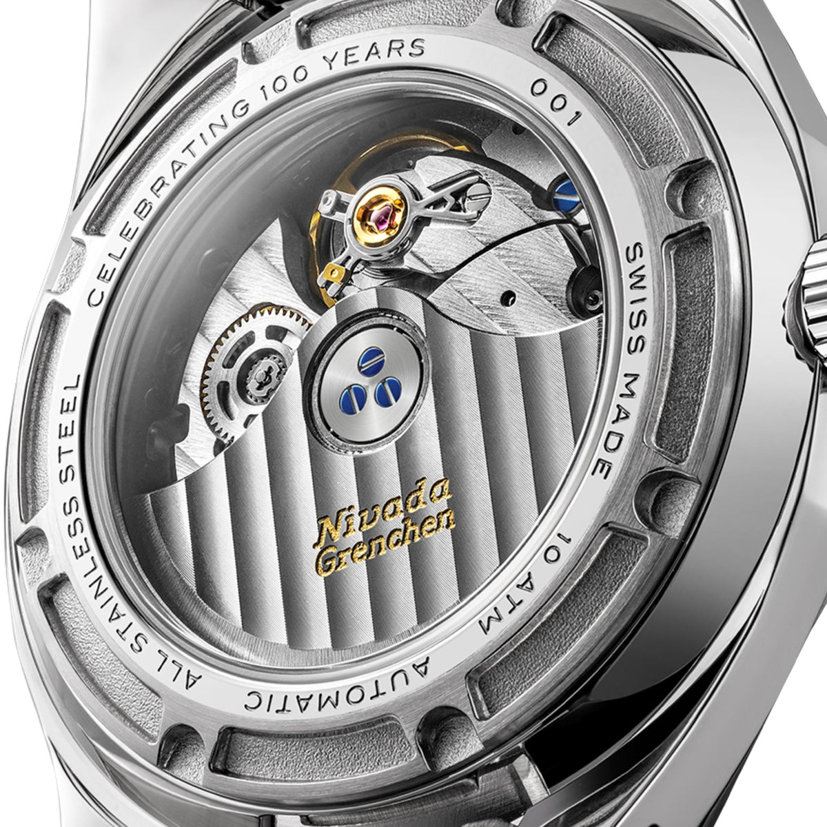 Nivada Grenchen F77 MK2 68062A77-DR back case showing transparent exhibition back and automatic movement details