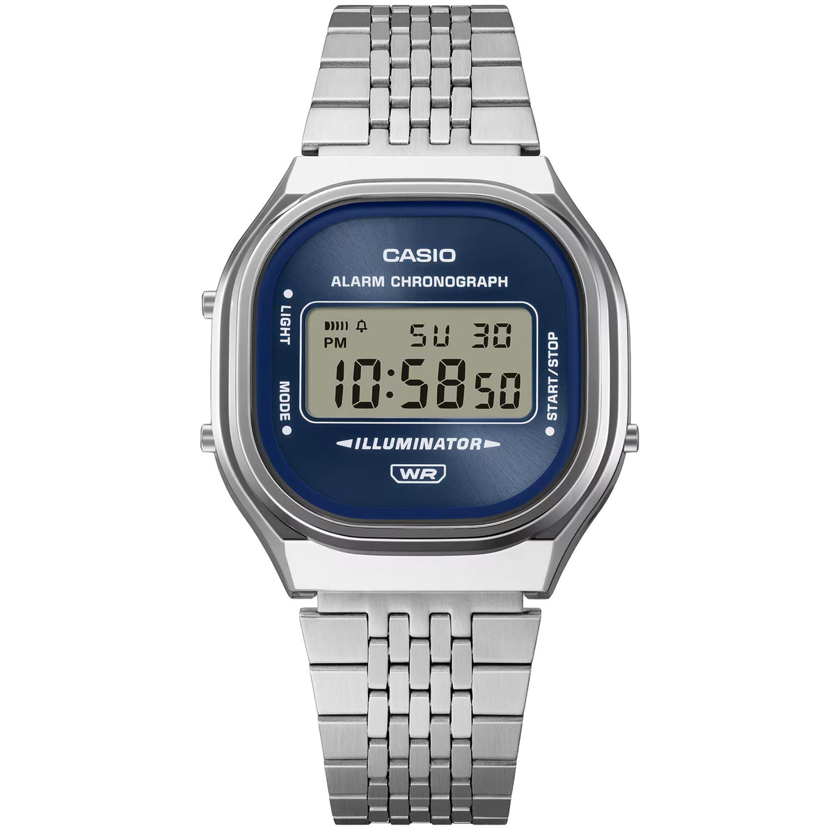Casio Vintage A140WE-2AEF front view showing digital screen display with steel case and bracelet profile