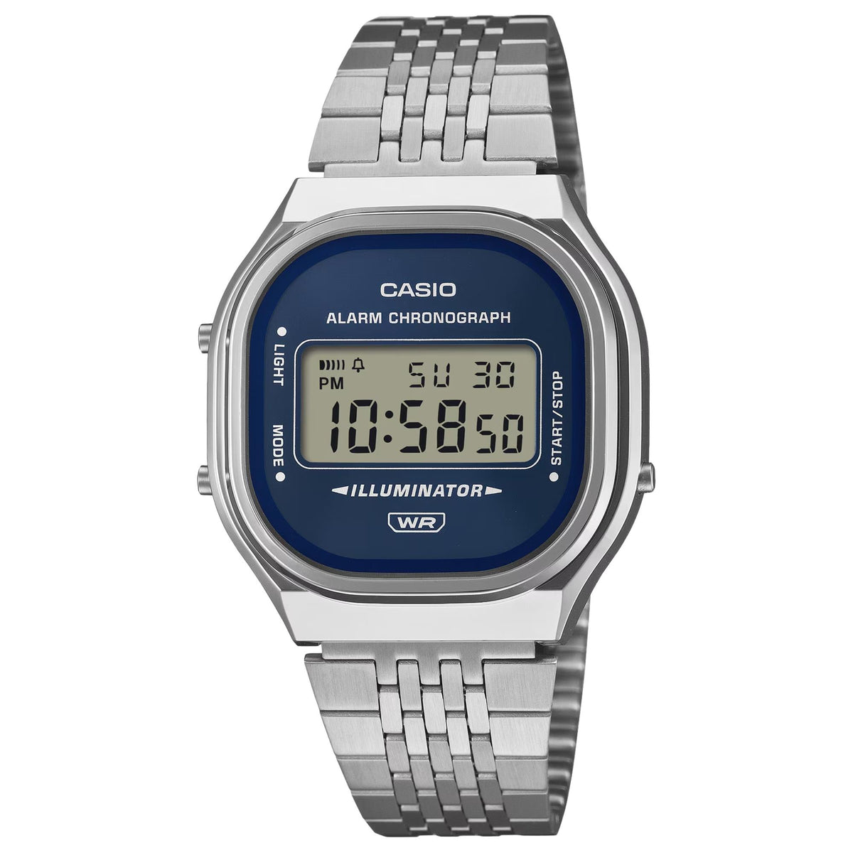 Casio Vintage A140WE-2AEF straight-on view showcasing digital dial screen and steel case profile