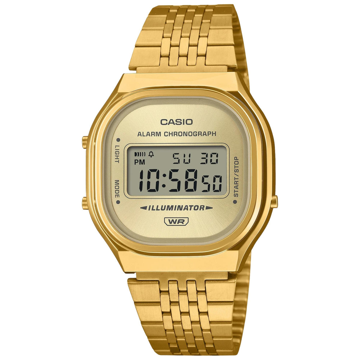 Casio Vintage A140WEG-9AEF straight-on view showcasing digital screen and steel strap links