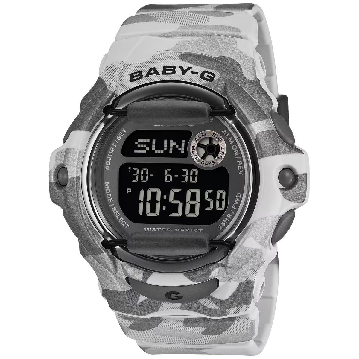 Casio Baby-G BG-169CMB-8ER front view showing digital screen display with resin case and strap profile