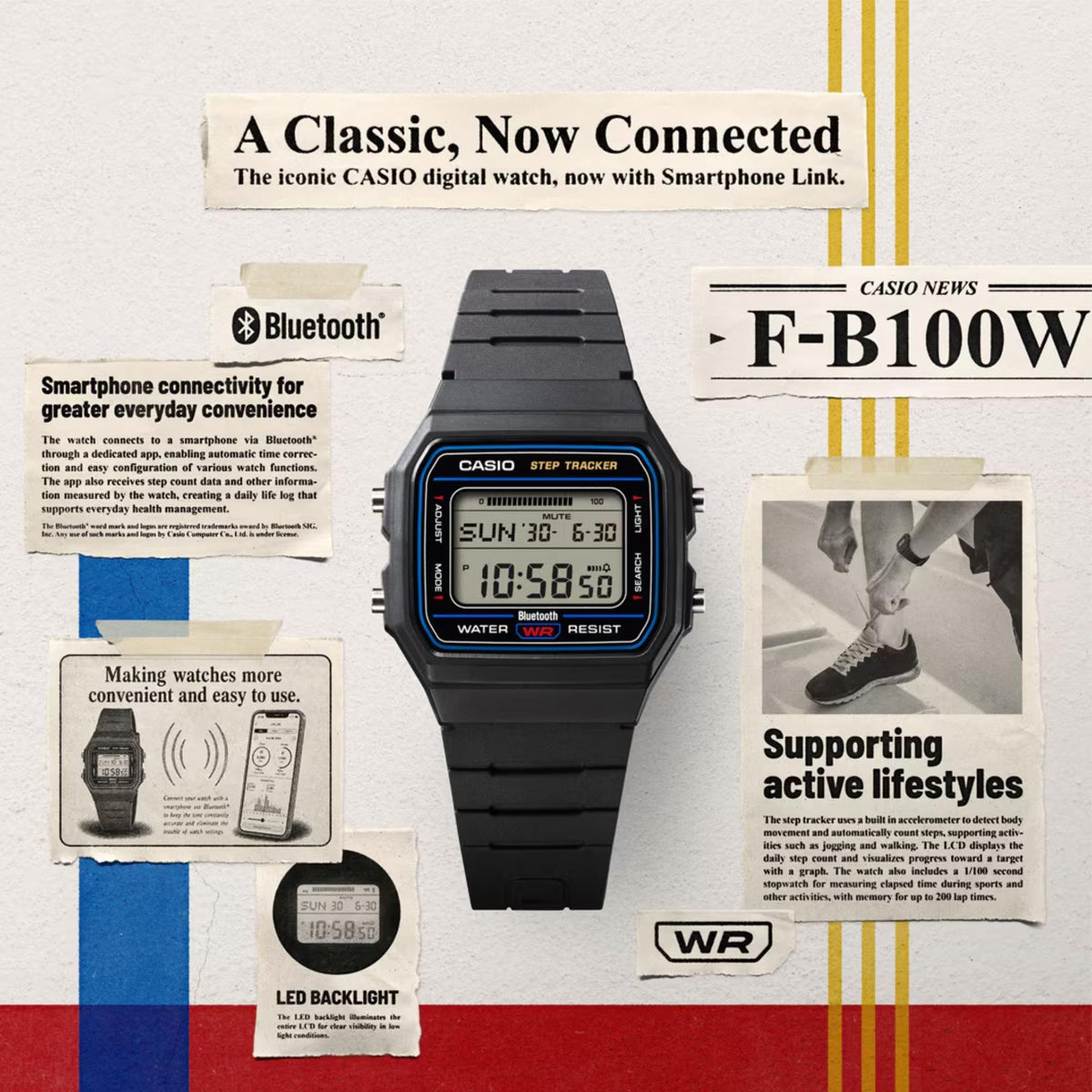 Casio Timeless F-B100W-1AEF promotional graphic displaying digital watch face alongside features and mobile app integration