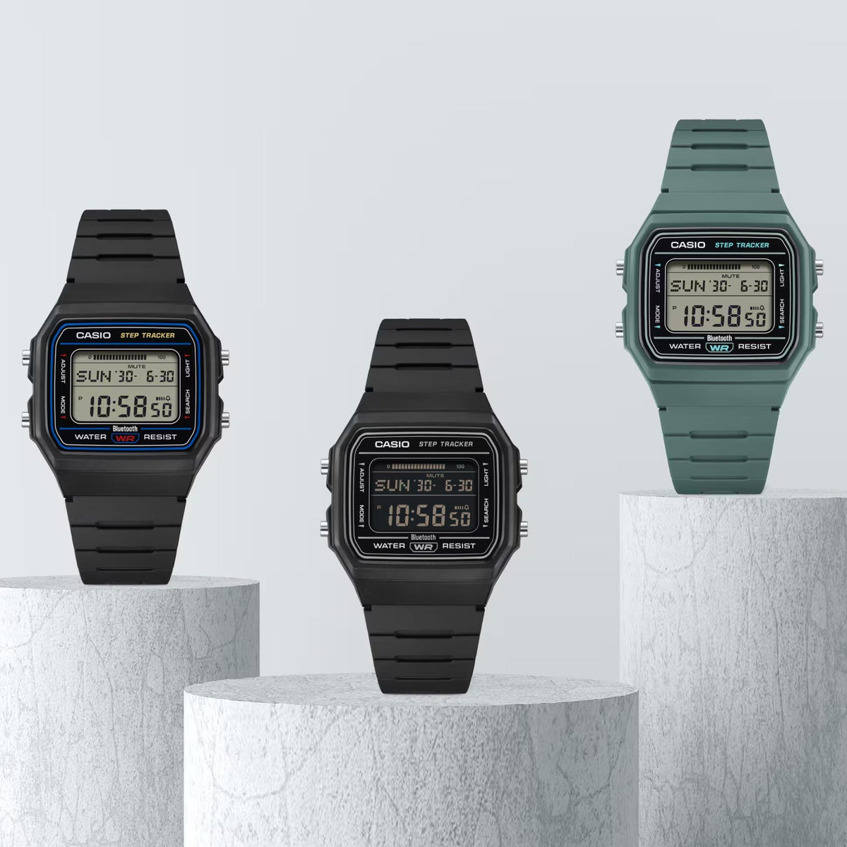 Casio Timeless F-B100W-1AEF group view showcasing multiple colour options on display stands