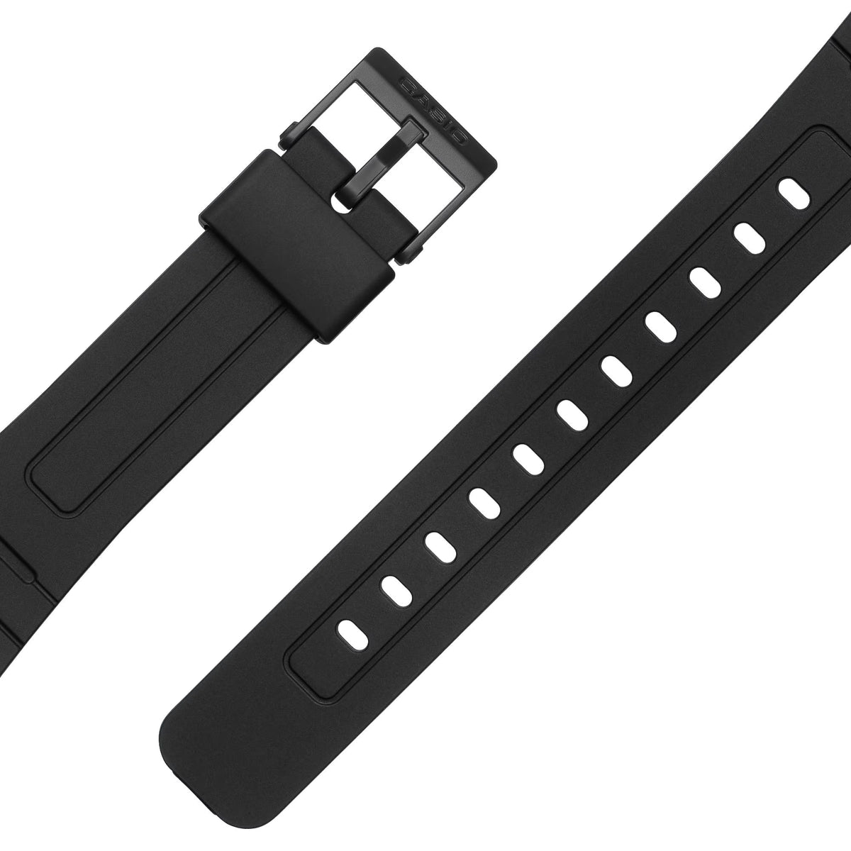 Casio Timeless F-B100W-1AEF close-up view highlighting resin strap texture and pin buckle closure