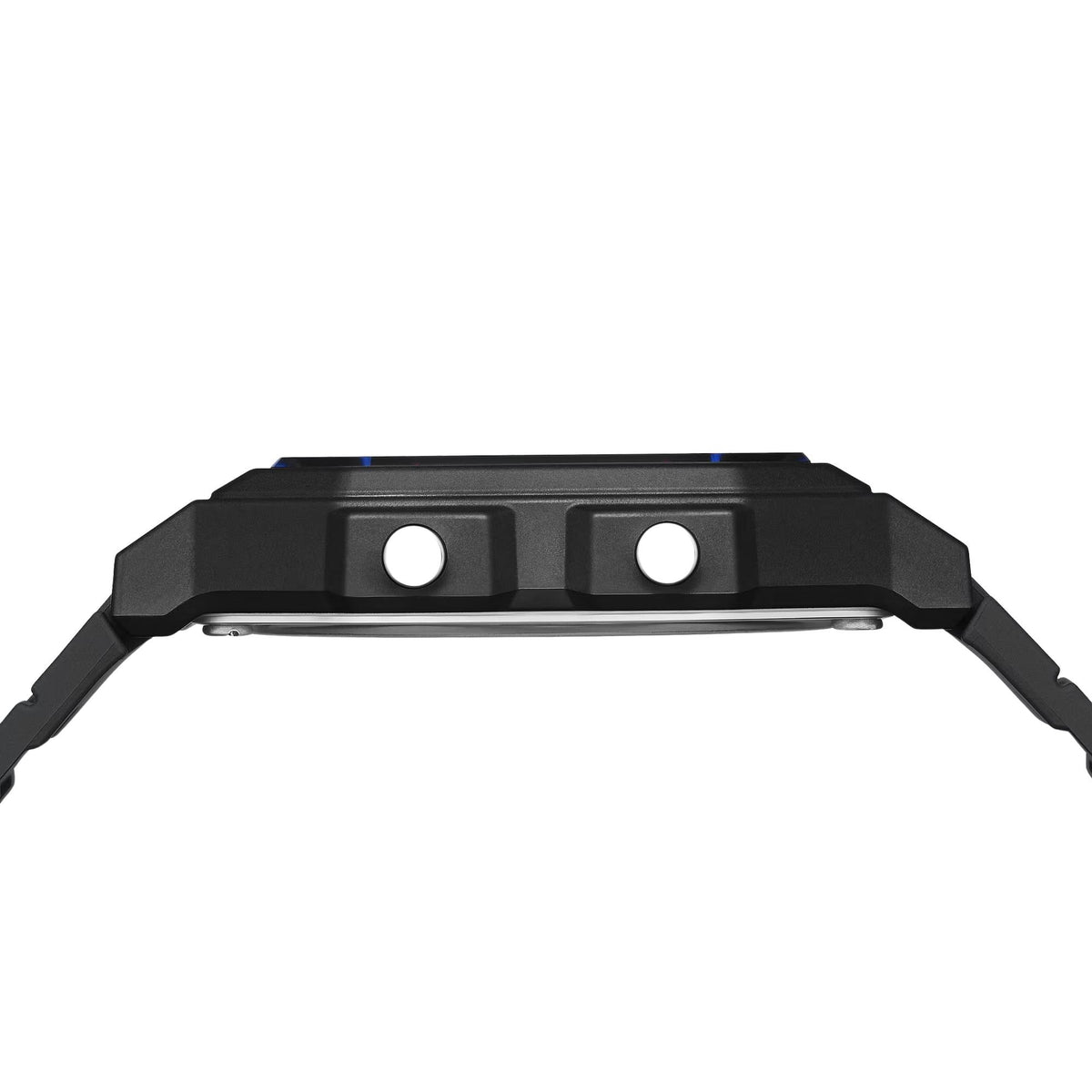 Casio Timeless F-B100W-1AEF side profile view showcasing case thickness and side push buttons