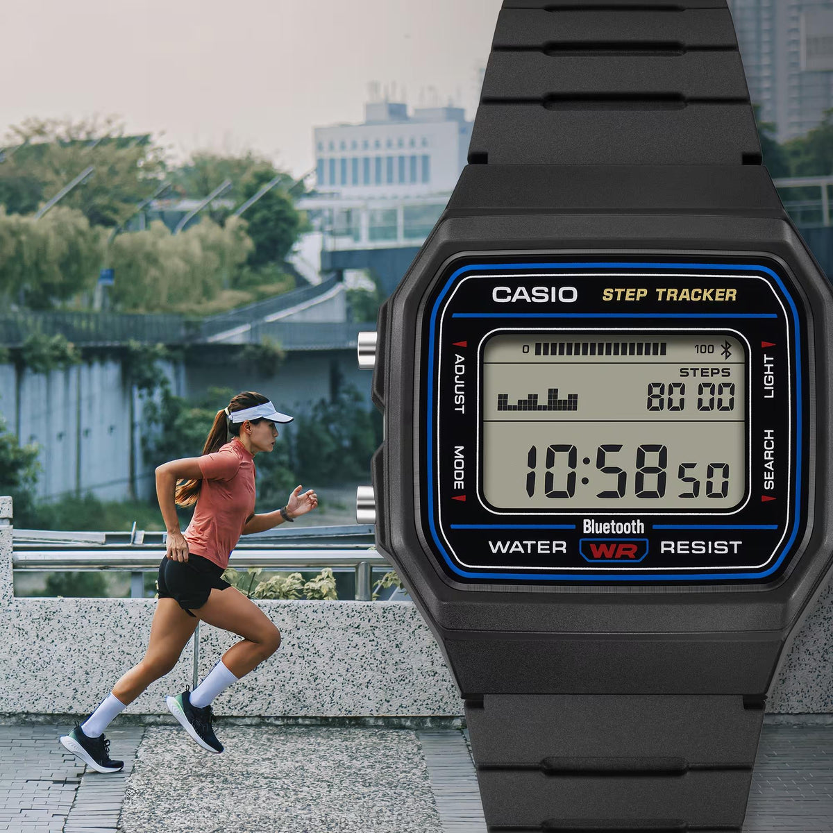 Casio Timeless F-B100W-1AEF lifestyle image featuring a front view of the digital display with a runner in the background