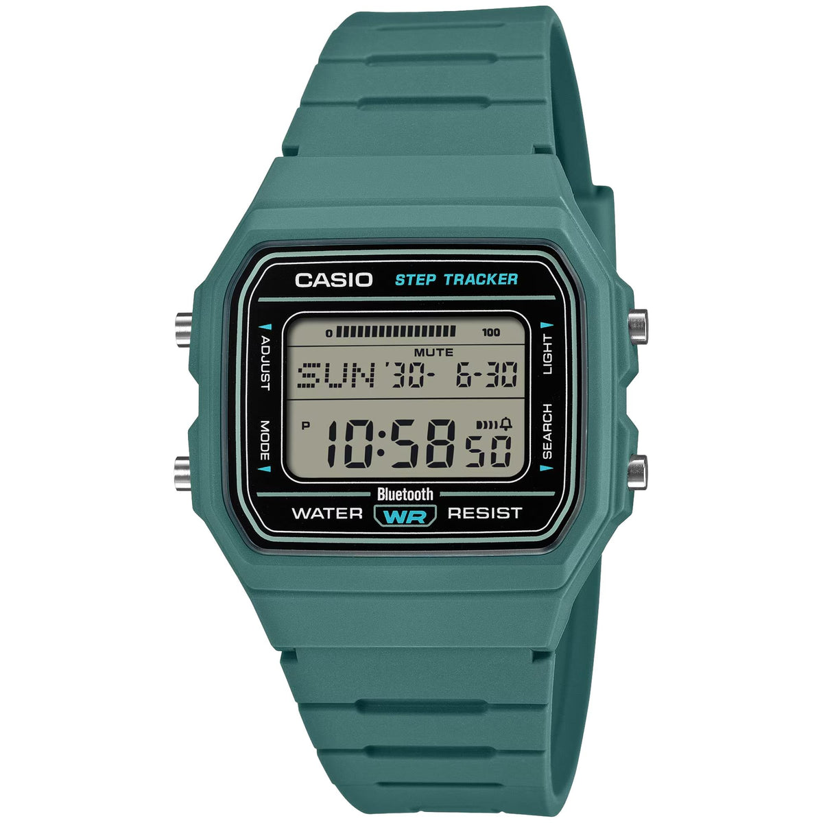 Casio Timeless F-B100W-3AEF front view showing digital screen display with resin case and strap profile