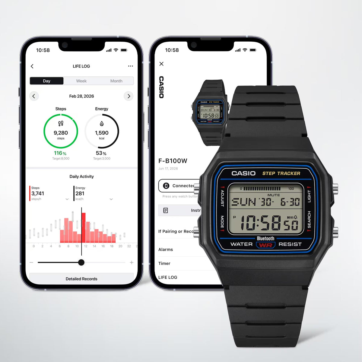 Casio Timeless F-B100W-3AEF feature view showing digital watch screen alongside connected smartphone app screens